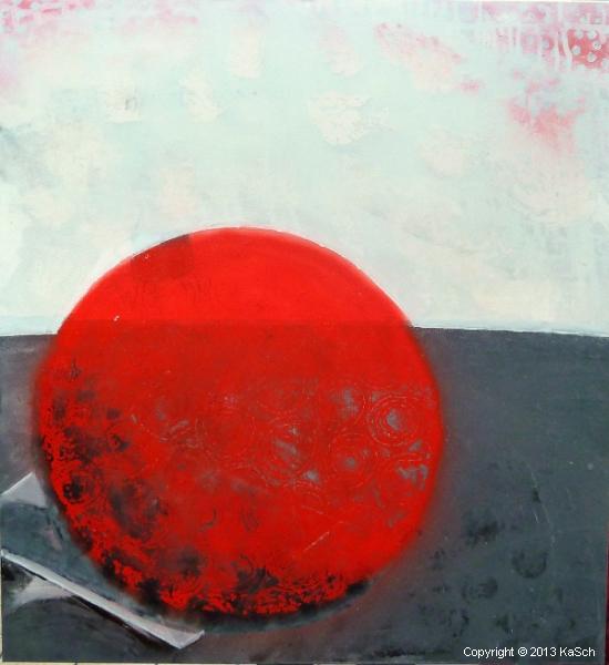 Karin Scholl Bochum moderne Kunst abstrakt Malerei Galerie Originale Gemlde groformatig Unikate schner wohnen Glaskugel Horizont Wei Grau Wasser Sprungbrett Punkte Spachtelung Rot rund