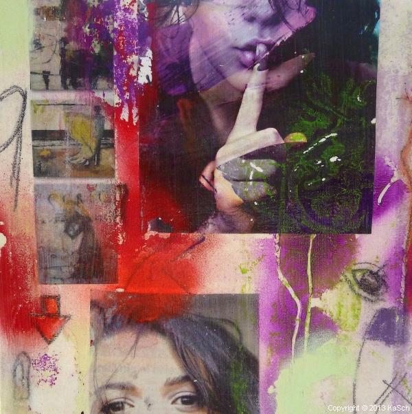 Karin Scholl Bochum moderne Kunst abstrakt Malerei Galerie Originale Gemlde groformatig Unikate schner wohnen Augen Zeigefinger Schweigen Lila Pfeil